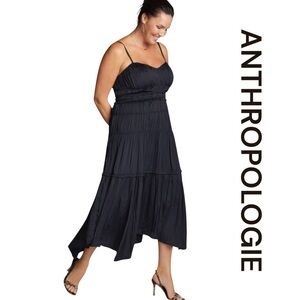 ANTHROPOLOGIE Black Ruched Tiered Midi Slip Dress, Size 0.